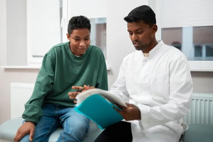 Provider reviewing medical notes with a young patient during a clinic visit at Abundance Health Care in Colorado Springs, CO